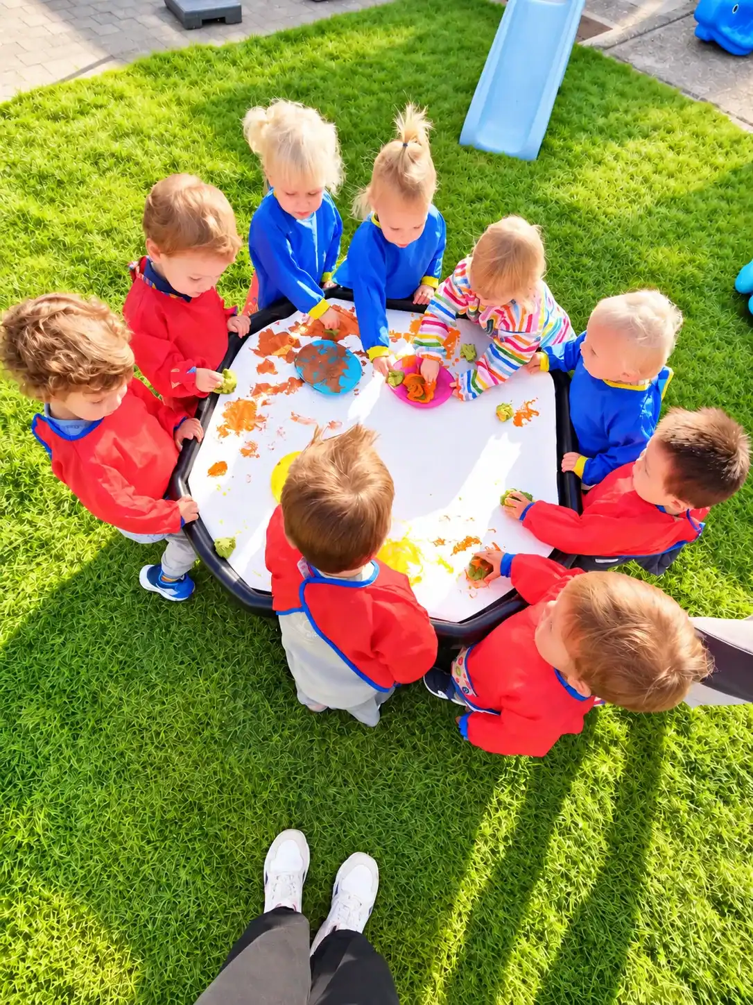Kinderen maken een zandtaartje buiten op een tafel.