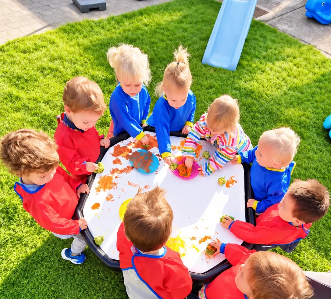 Kinderen vieren verjaardag met taart buiten op gras.