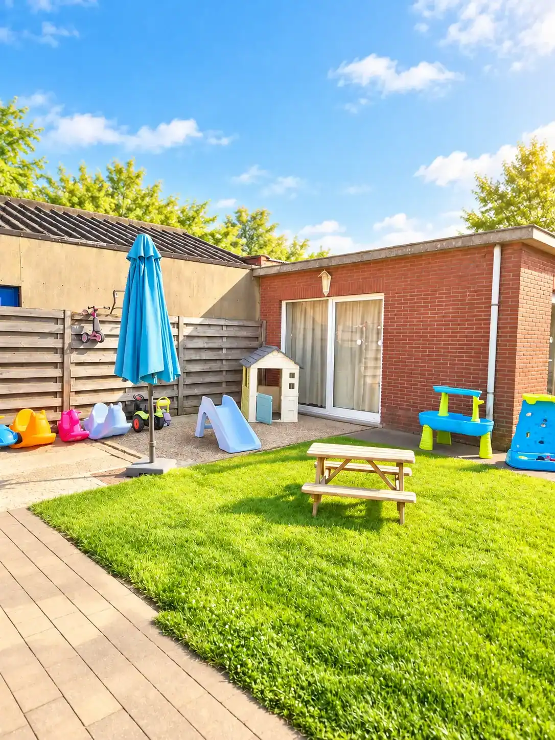 Kinder speeltuin met glijbaan, zandbak en speeltoestellen in tuin.